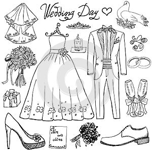 Wedding day elements. Hand drawn set with flowers candle bride dress and tuxedo suit, shoes, glasses for champaign and festive