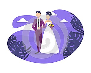 Wedding Day, Happy Romantic Just Married Couple Embracing at Night on Tropical Beach Resort Flat Vector Illustration