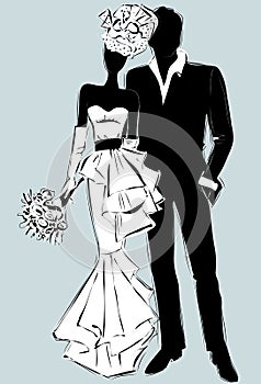 Wedding Day invitation with bride and groom illustration