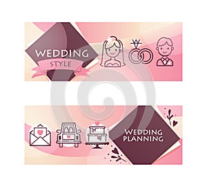 Wedding day party for just married couple horizontal banners set vector illustration. Wedding planning and style with