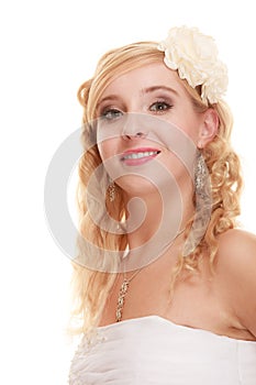 Wedding day. Portrait happy woman bride isolated