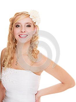 Wedding day. Portrait happy woman bride isolated