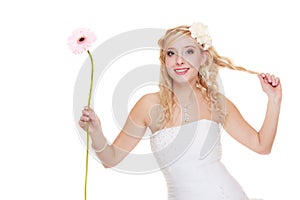 Wedding day. Portrait happy woman bride isolated