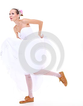 Wedding day. running bride isolated on white background