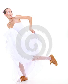 Wedding day. running bride isolated on white background