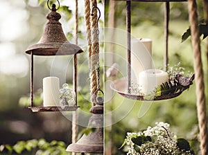 Wedding decor with flowers and candles in the forest