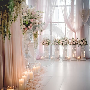 Wedding decor with flowers and candles in the interior of the room