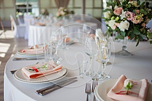 Wedding decor. Flowers in the restaurant, table setting