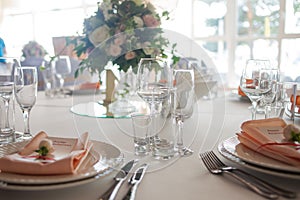 Wedding decor. Flowers in the restaurant, table setting