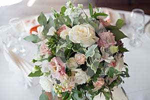 Wedding decor. Flowers in the restaurant, table setting