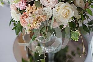 Wedding decor. Flowers in the restaurant, table setting