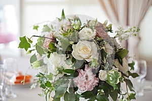 Wedding decor. Flowers in the restaurant, table setting