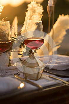 Wedding decor glasses, casket in the sunshine