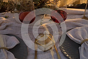 Wedding decor glasses, casket in the sunshine