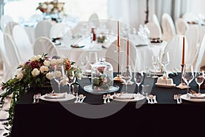 Wedding decor, interior. Festive. Banquet table. Modern wedding decorations.