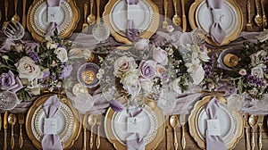 Wedding decor with lavender theme, floral decoration design and beautiful decor setting arrangement