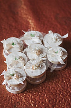 Wedding decor in the restaurant, bonbonnieres, candy boxes