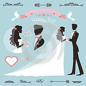 Wedding decor set.Flat silhouette bride,groom