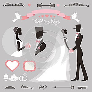 Wedding decor set.Retro.Flat silhouette bride,groom