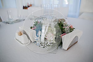 Wedding decor on a table in a restaurant