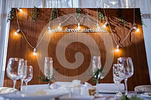 Wedding decor on a table in a restaurant