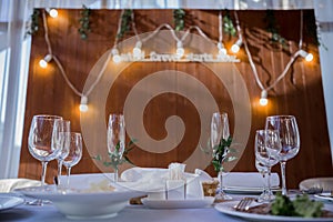 Wedding decor on a table in a restaurant