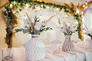 Wedding decor on the table in the restaurant