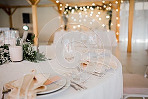 Wedding decor on the table in the restaurant