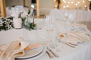 Wedding decor on the table in the restaurant