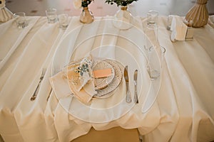 Wedding decor on the table in the restaurant