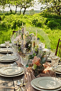 wedding decorated table, decor wedding dinner in nature in the garden