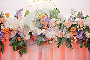 Wedding decorating bouquet of roses and petals, closeup