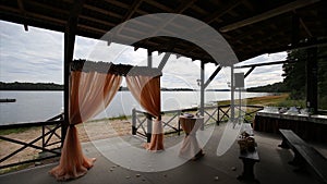 Wedding decoration. Arch. Cage. Wedding setup on the beach. wedding arch. Banquet hall on the shores. Wedding ceremony