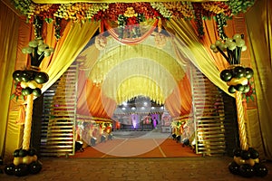 Wedding decoration element, flashing light arch entrance, beautiful wallpaper background Lights, entrance gate,, Flowers, Couple