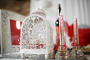 Wedding decoration. Table set for an romantic dinner or reception