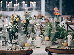 Wedding decoration. Table set at wedding.