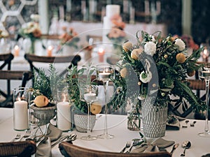 Wedding decoration. Table set at wedding.