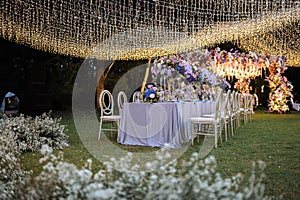 Wedding Decoration White and purple Flower, Fairytales with Nightsky stars outdoors.