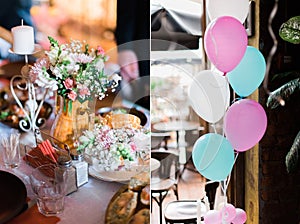 Wedding decorations collage with balloons, sweets and candles in restaurant