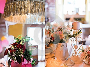 Wedding decorations collage with flowers in restaurant