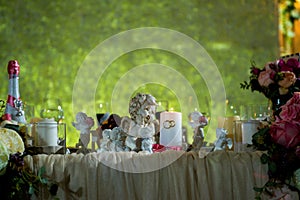 Wedding decorations and decorations, the bride`s bouquet, lies and waits until the bride wears her wedding dress