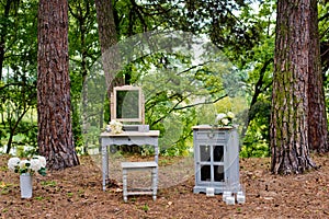 Wedding decorations in rustic style. Wedding at nature in the forest