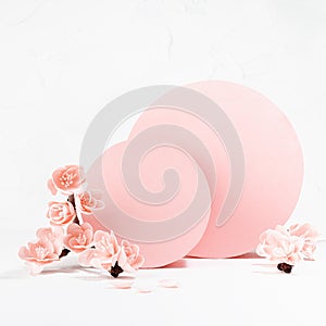 Wedding delicate floral scene - pink sakura flowers, pink circles, paper fans in asian style on white background, mockup.
