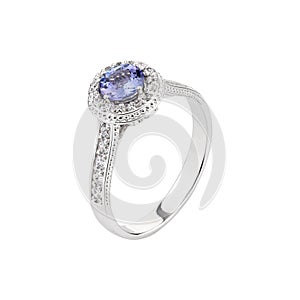 Wedding diamond ring with blue gemstone isolated on a white background