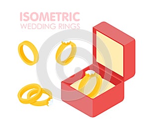 Wedding diamond ring in a box isometric set. Vector illustration