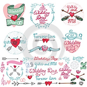 Wedding doodle decor elements set.Romantic labels