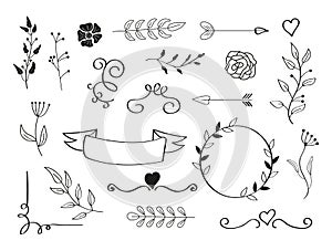 Wedding doodle elements vector. Vintage swirl element. Leaves branch, floral frames,