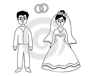 Wedding doodles. Newlyweds, bride in wedding dress with veil, groom and wedding rings. Vector illustration. Isolated