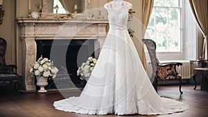 Wedding drees, bridal gown style and bespoke fashion, full-legth white tailored ball gown in showroom, tailor fitting