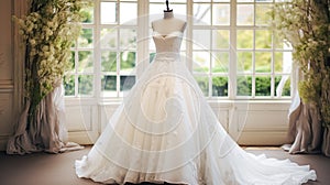 Wedding drees, bridal gown style and bespoke fashion, full-legth white tailored ball gown in showroom, tailor fitting